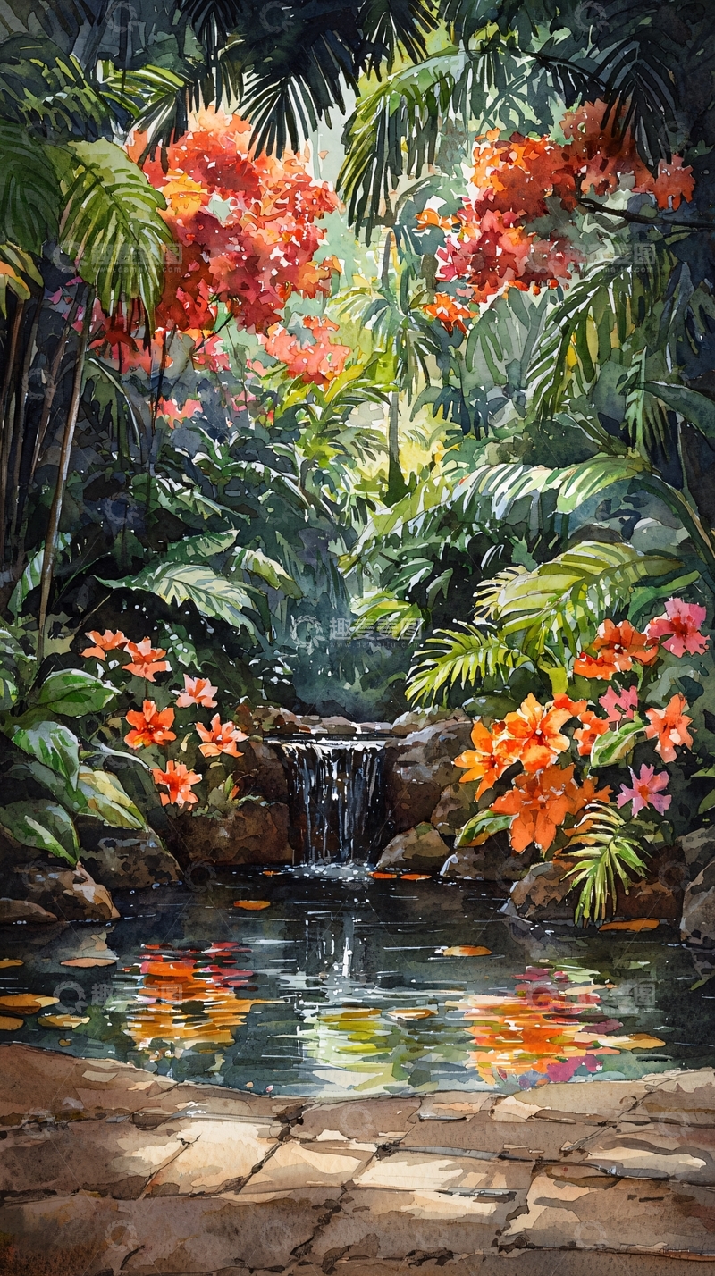 高清大图下载【趣麦麦图】热带植物和瀑布水彩画