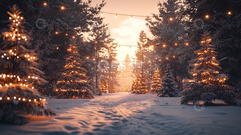 高清大图下载【趣麦麦图】雪地森林中的圣诞树彩灯
