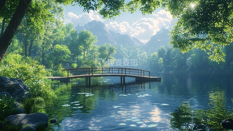 高清大图下载【趣麦麦图】宁静湖面上的桥梁