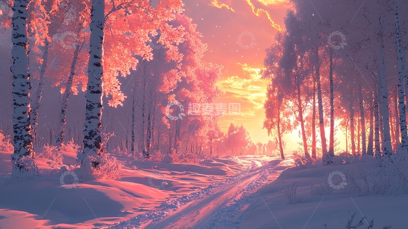 高清大图下载【趣麦麦图】冬日粉色阳光照耀下的雪景