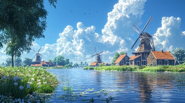 荷兰风车水景田园风光