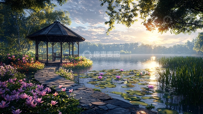 高清大图下载【趣麦麦图】湖畔凉亭高清图片