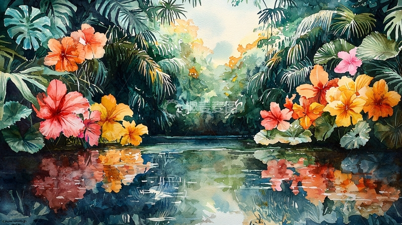 高清大图下载【趣麦麦图】热带花卉水面倒影