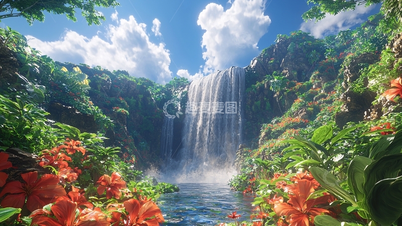 高清大图下载【趣麦麦图】热带雨林瀑布阳光明媚