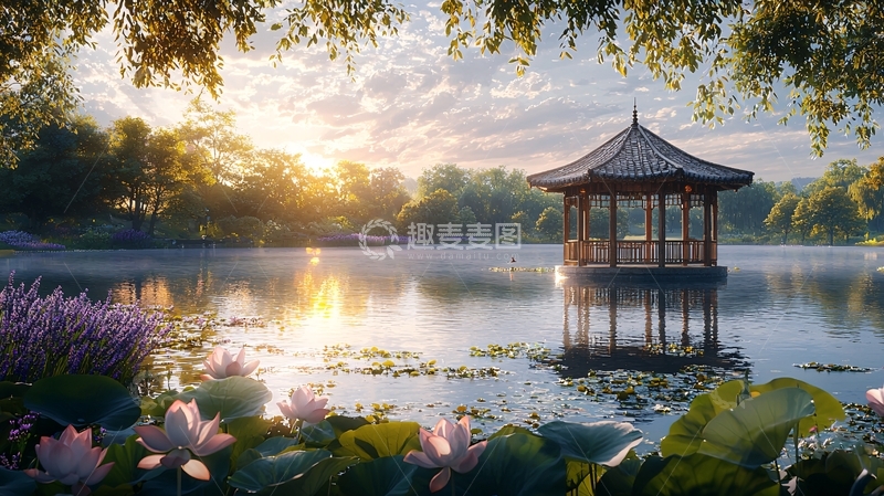 高清大图下载【趣麦麦图】宁静湖畔中式凉亭