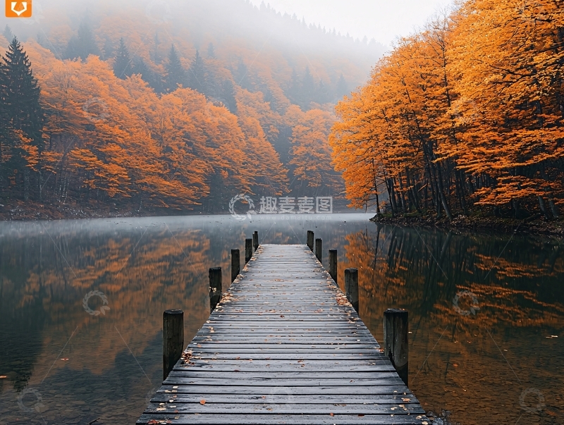 高清大图下载【趣麦麦图】秋日湖畔栈桥景色