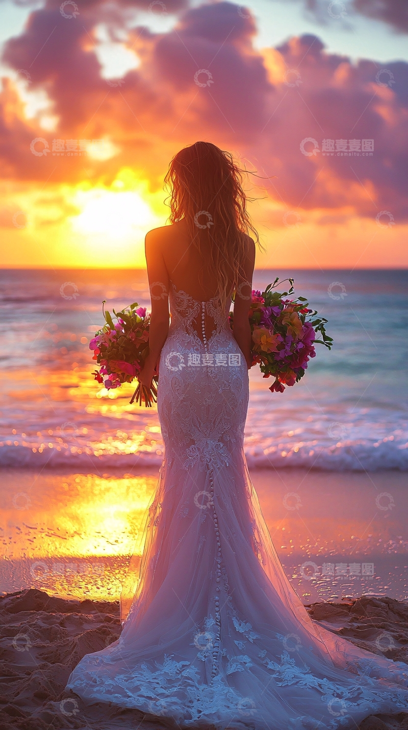 高清大图下载【趣麦麦图】夕阳下海滩新娘的背影