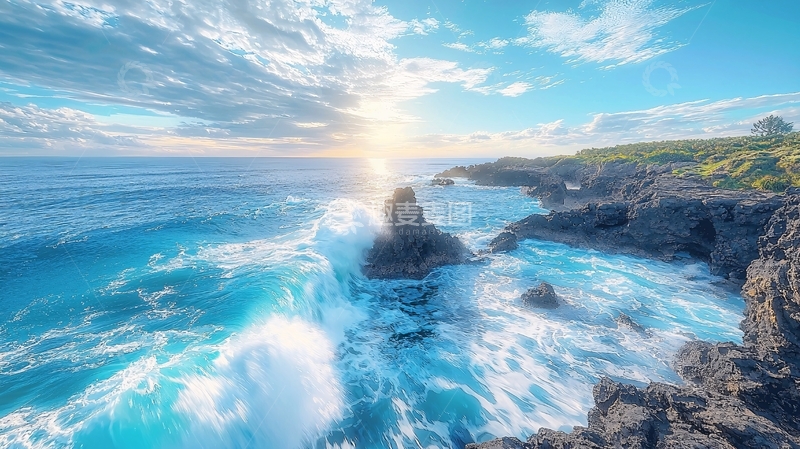 高清大图下载【趣麦麦图】阳光下的蓝色海岸礁石