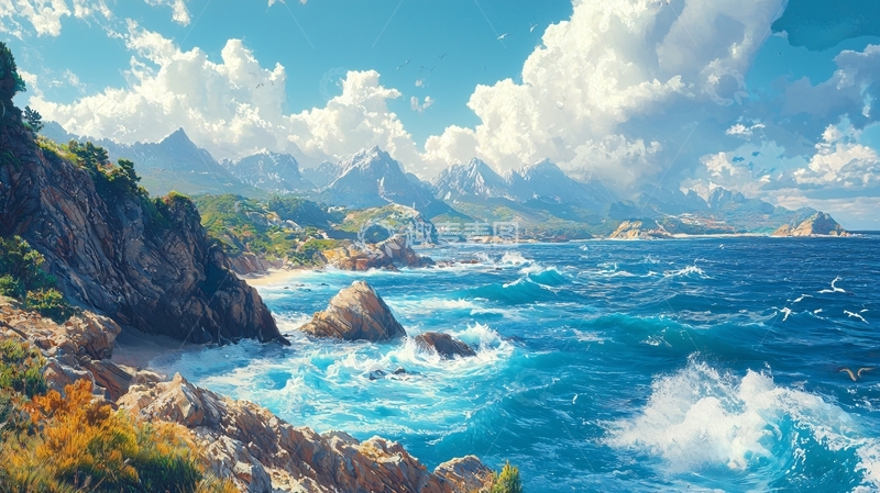 高清大图下载【趣麦麦图】蓝色海岸线和山脉的风景