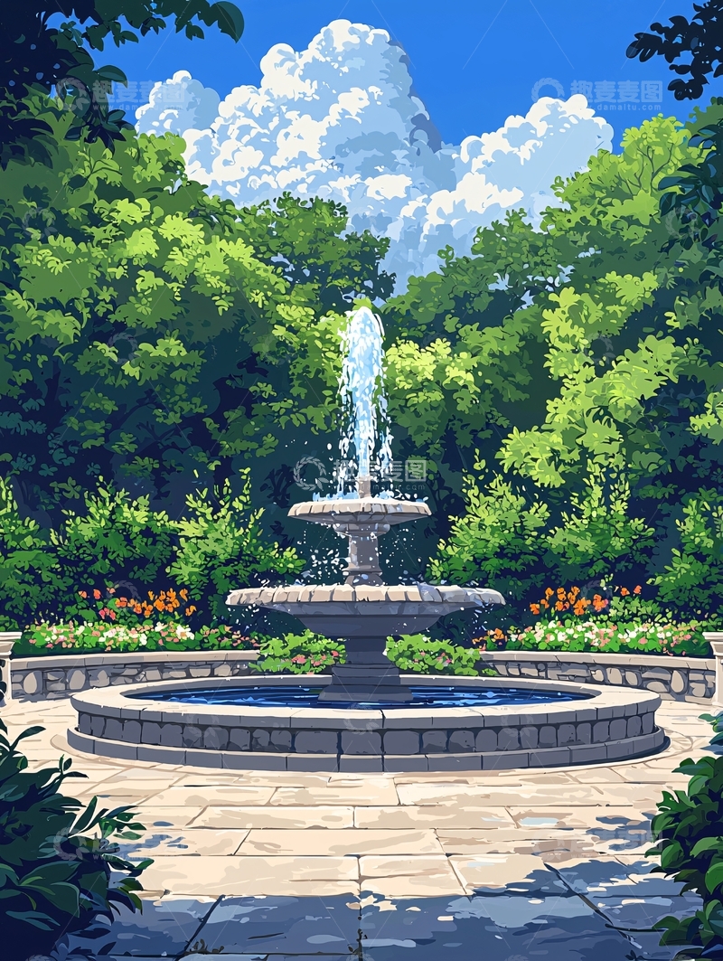 高清大图下载【趣麦麦图】绿色植物环绕的喷泉