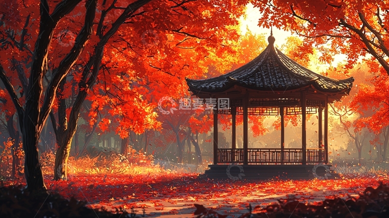 高清大图下载【趣麦麦图】秋日红叶下的中式凉亭