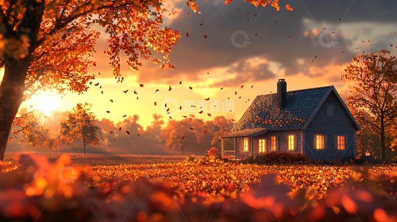 高清大图下载【趣麦麦图】秋日小屋落叶缤纷