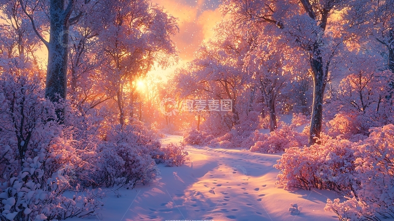 高清大图下载【趣麦麦图】粉色雪景森林阳光