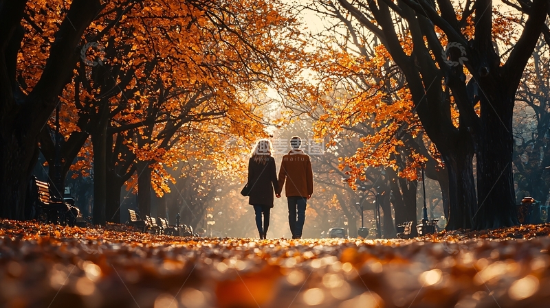 高清大图下载【趣麦麦图】秋日情侣漫步落叶路