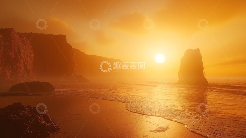 高清大图下载【趣麦麦图】海边日落的金色光辉