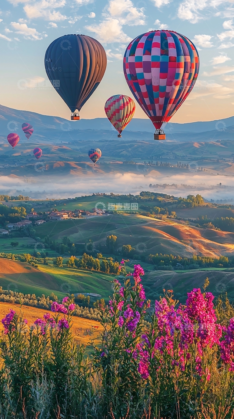 高清大图下载【趣麦麦图】热气球飞跃托斯卡纳田野