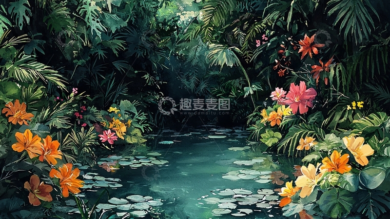 高清大图下载【趣麦麦图】热带雨林中的池塘鲜花