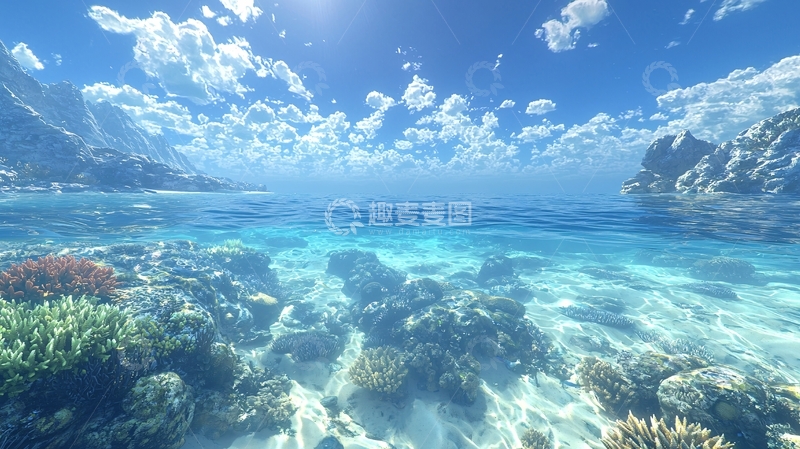 高清大图下载【趣麦麦图】清澈透明的海水与蓝天白云
