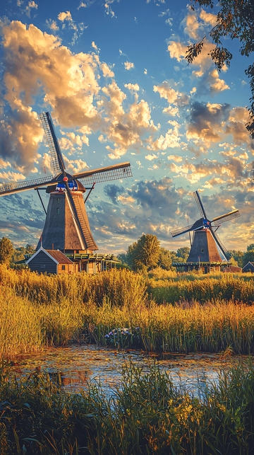 荷兰乡村风车田野天空