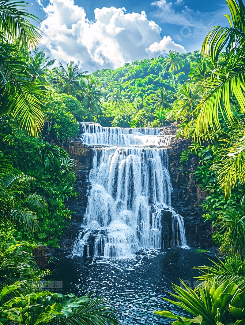 高清大图下载【趣麦麦图】热带雨林中的瀑布景观