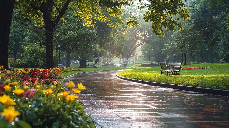 高清大图下载【趣麦麦图】雨后花园小路风景