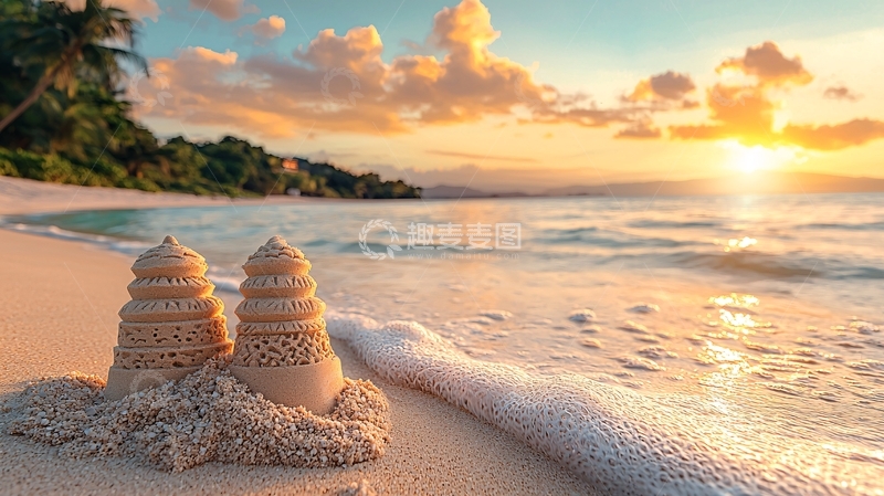 高清大图下载【趣麦麦图】海滩沙堡夕阳美景