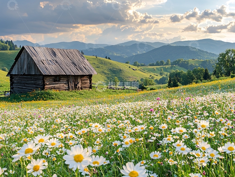 高清大图下载【趣麦麦图】田园风光小屋和雏菊花田