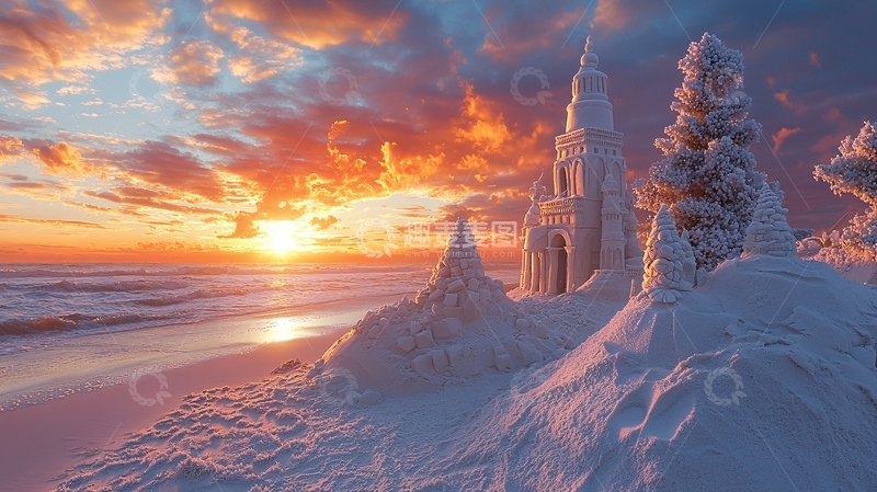高清大图下载【趣麦麦图】雪地城堡海边日出