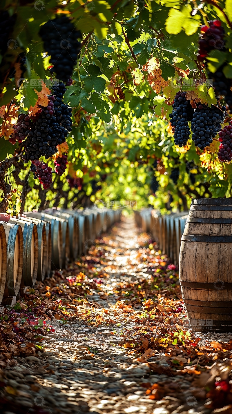 高清大图下载【趣麦麦图】葡萄园酒桶秋叶小路