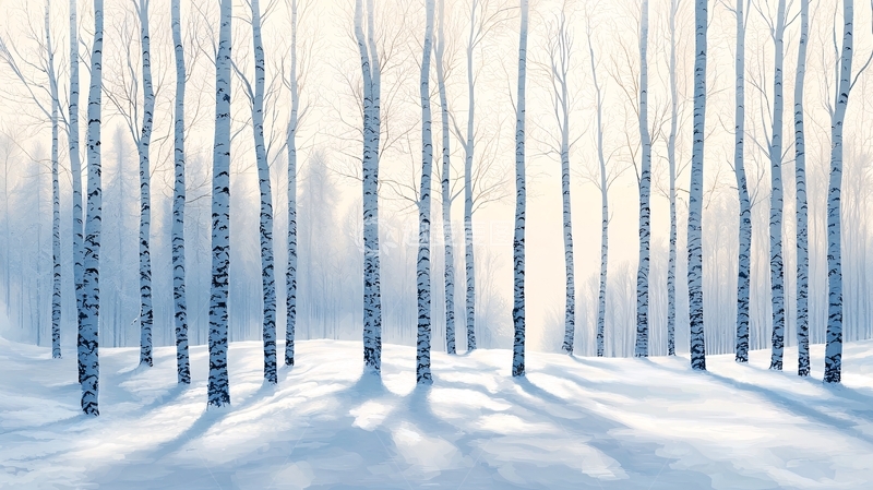 高清大图下载【趣麦麦图】雪地里阳光下的白色树林