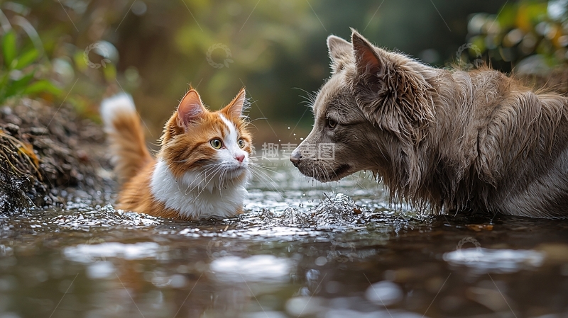 高清大图下载【趣麦麦图】猫狗在浅水中对视