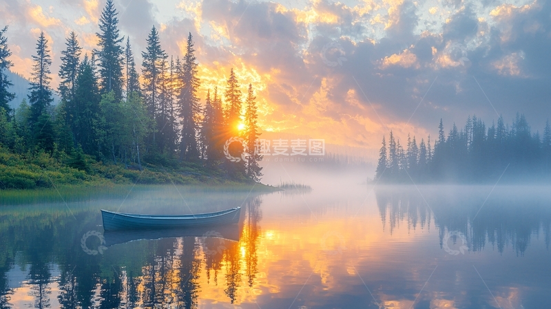 高清大图下载【趣麦麦图】湖面森林日出倒影的静谧