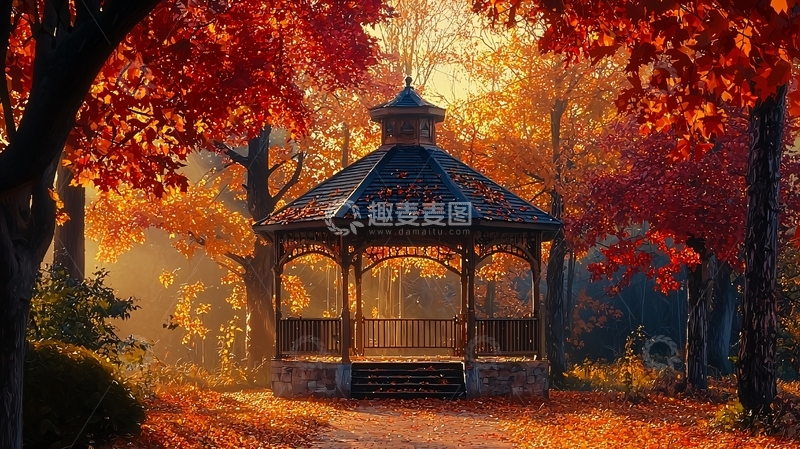 高清大图下载【趣麦麦图】秋日公园凉亭