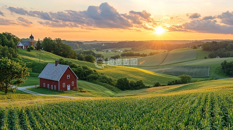 高清大图下载【趣麦麦图】田园风光日落下的农场