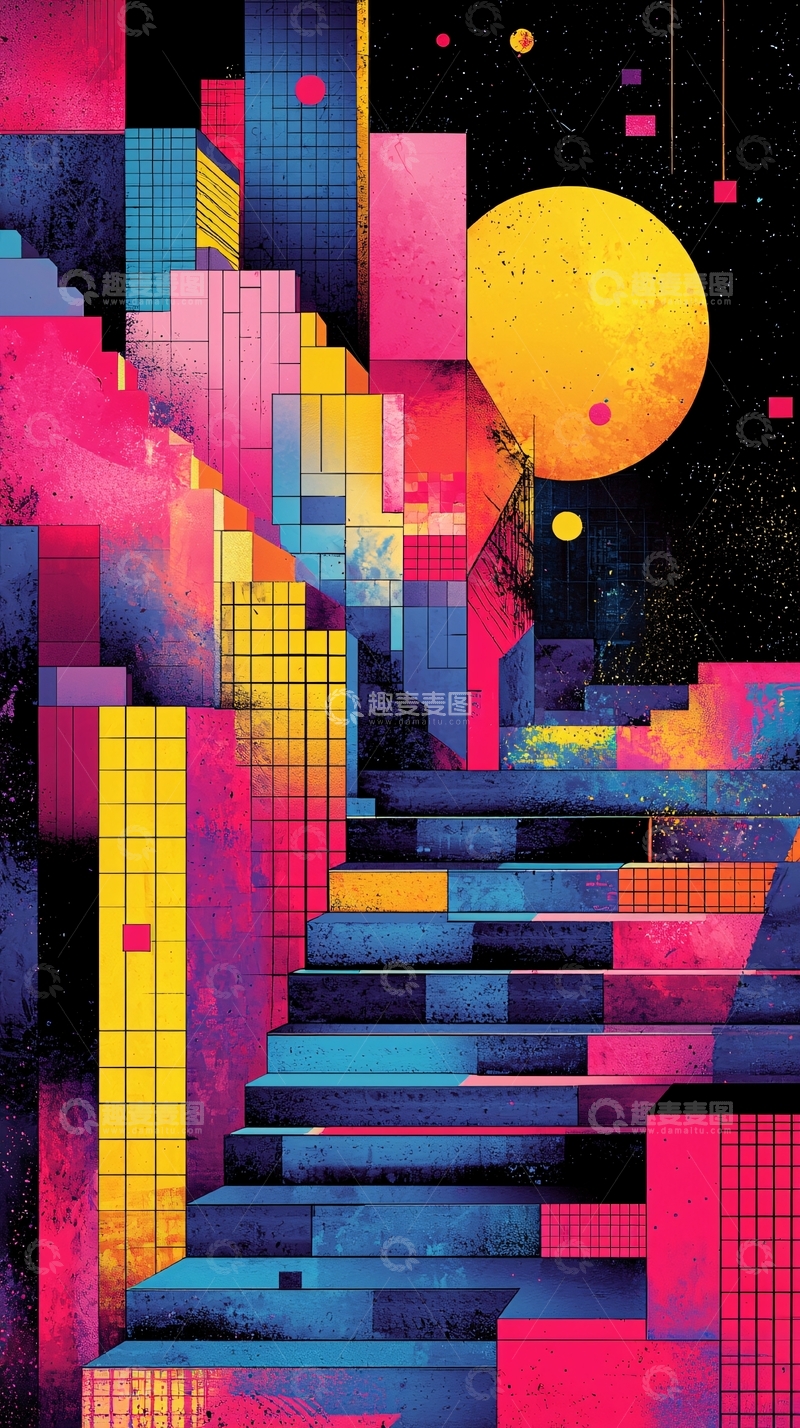 高清大图下载【趣麦麦图】彩色城市楼梯与太阳