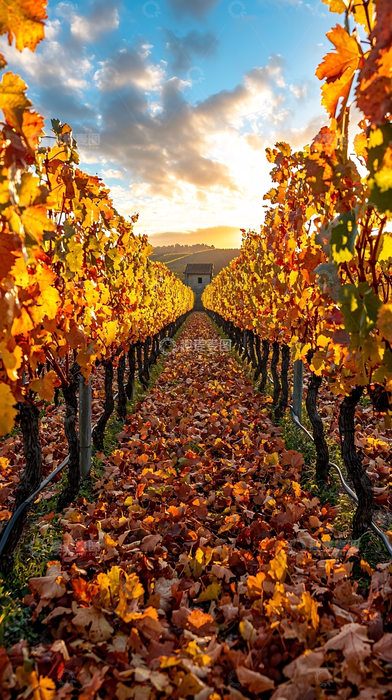 高清大图下载【趣麦麦图】秋日金黄葡萄园夕阳