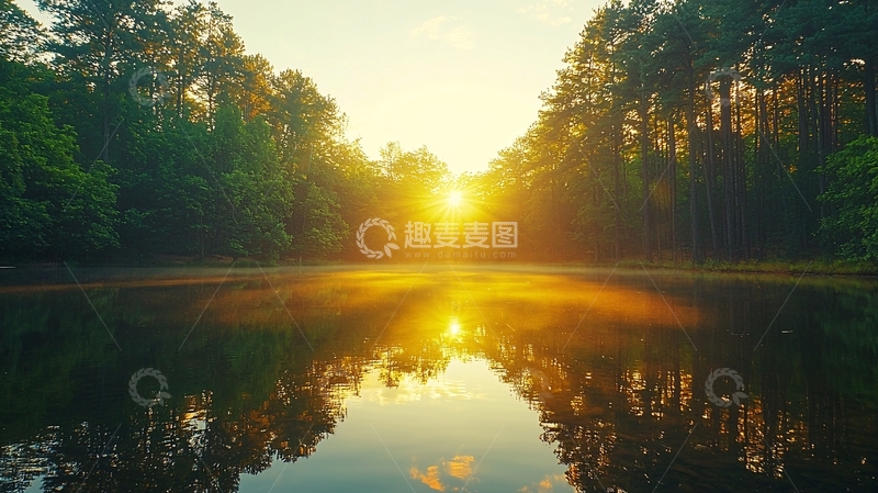 高清大图下载【趣麦麦图】湖面日出森林倒影