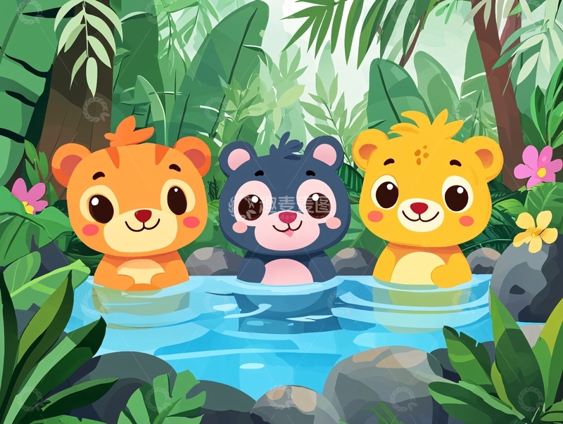 高清大图下载【趣麦麦图】三只卡通熊在水里嬉戏
