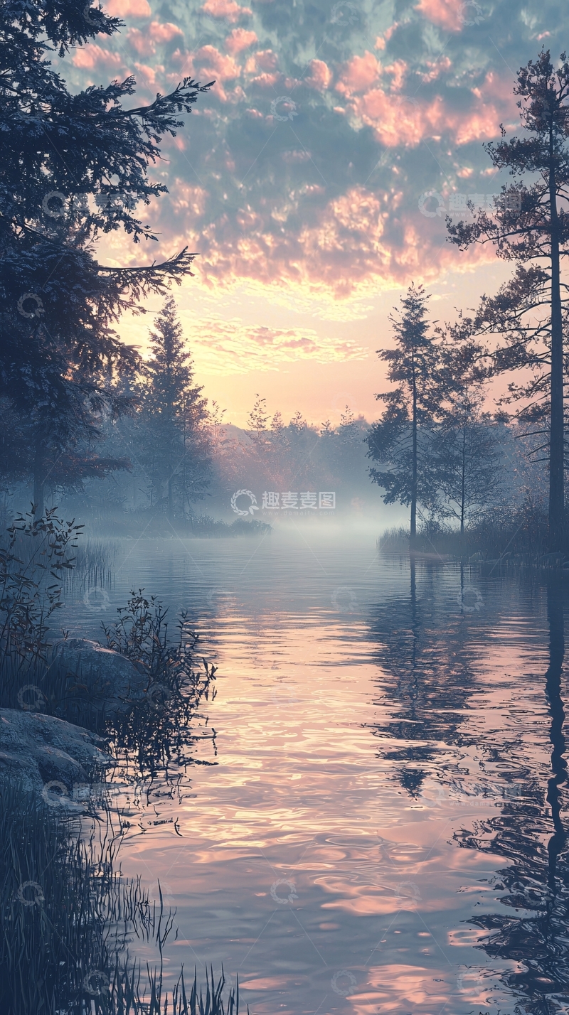 高清大图下载【趣麦麦图】宁静湖畔的日落美景