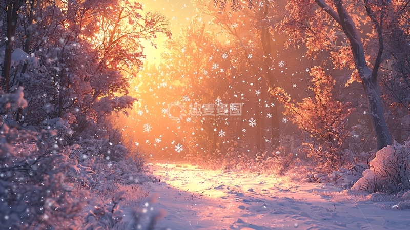 高清大图下载【趣麦麦图】雪中阳光照射森林小路
