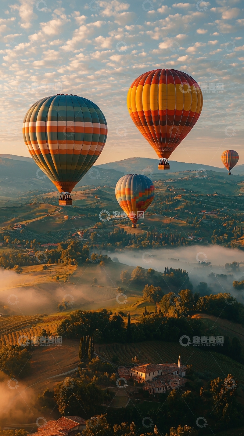 高清大图下载【趣麦麦图】热气球飞过田园风光