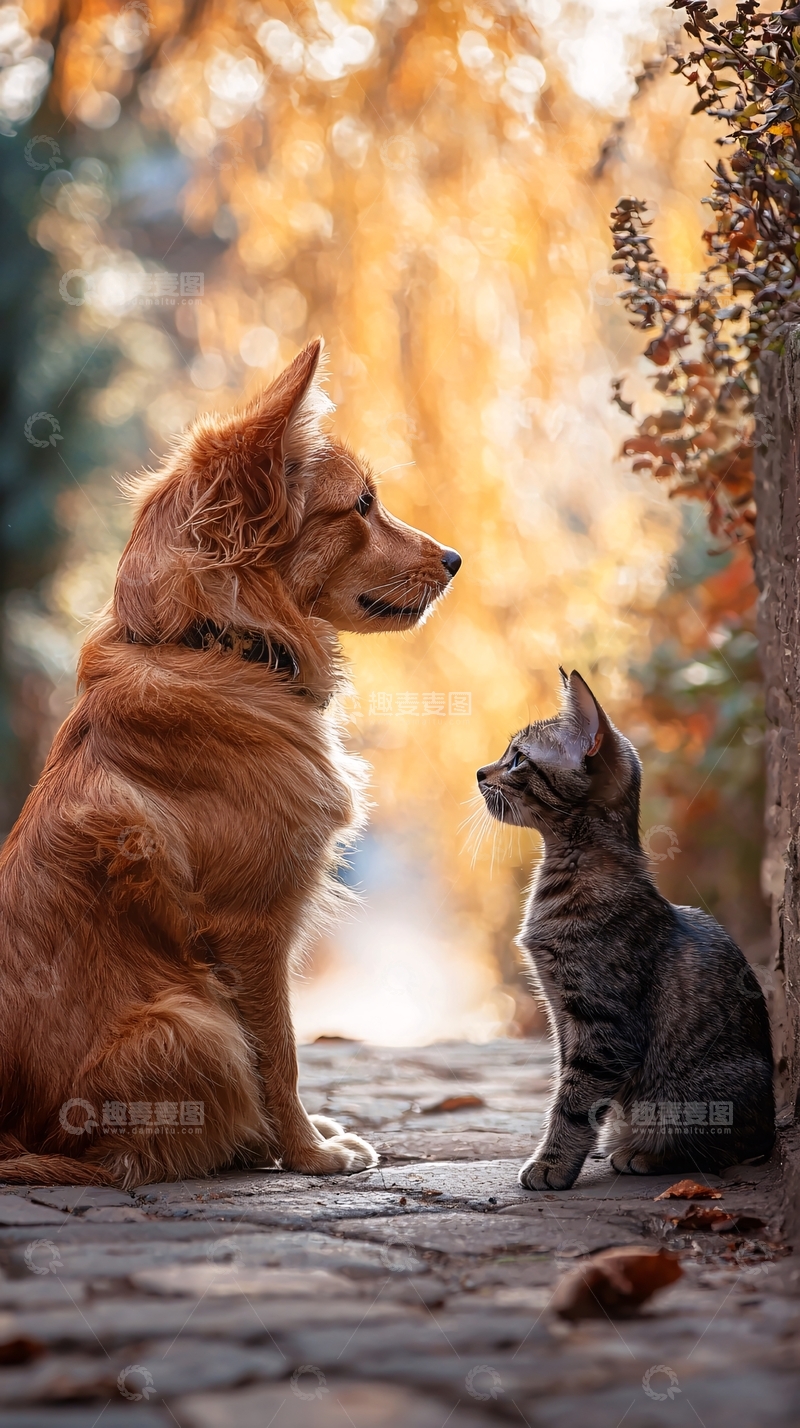 高清大图下载【趣麦麦图】金色小狗与小猫对视