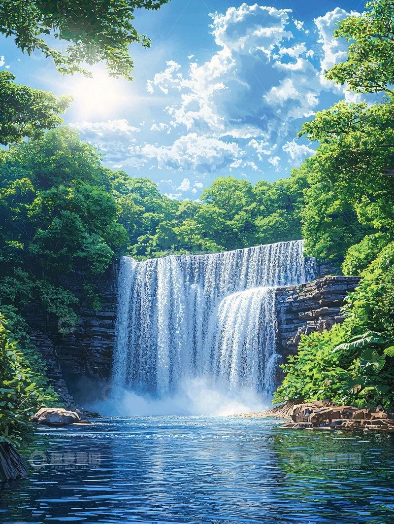 高清大图下载【趣麦麦图】瀑布流水绿树蓝天白云