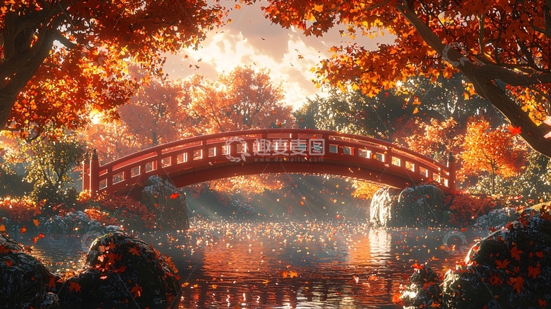 高清大图下载【趣麦麦图】秋日红桥倒影在水面