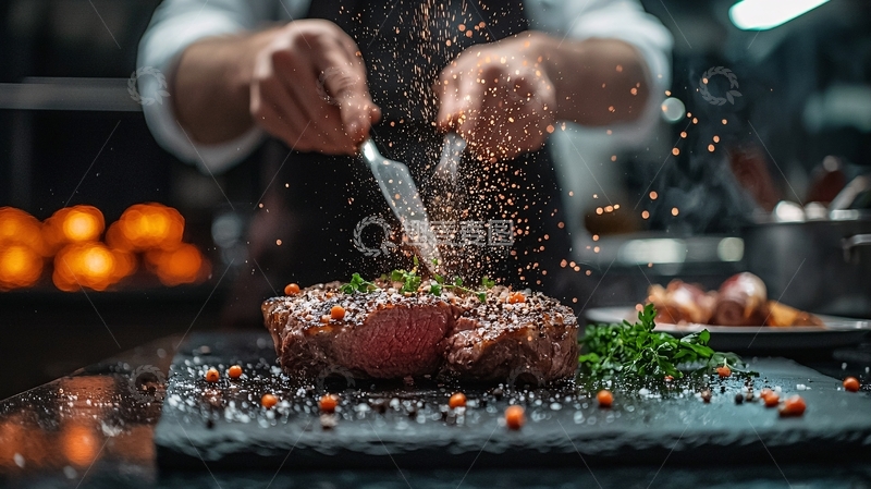 高清大图下载【趣麦麦图】厨师撒调料在牛排上