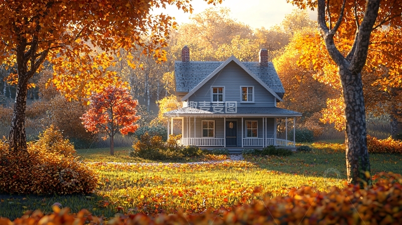 高清大图下载【趣麦麦图】秋日阳光下的乡村小屋