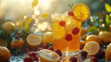 阳光下的柠檬树莓冰饮