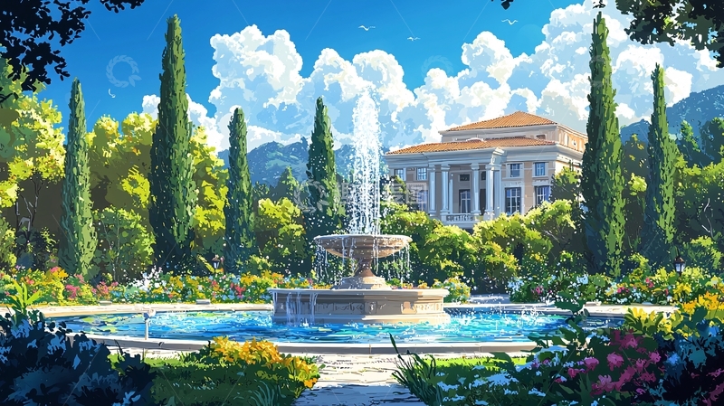 高清大图下载【趣麦麦图】喷泉花园别墅美景