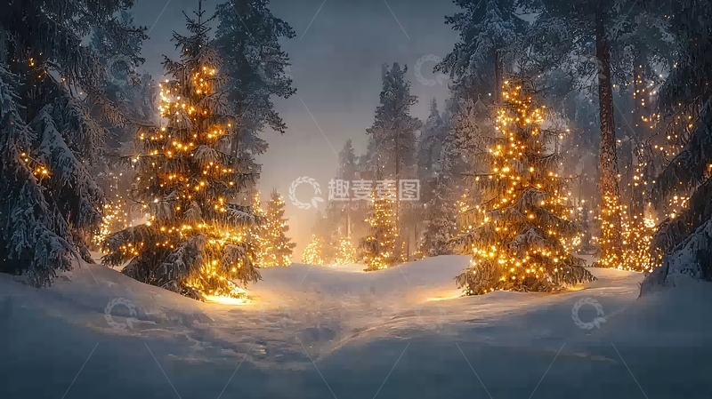 高清大图下载【趣麦麦图】雪地里被灯光点亮的圣诞树