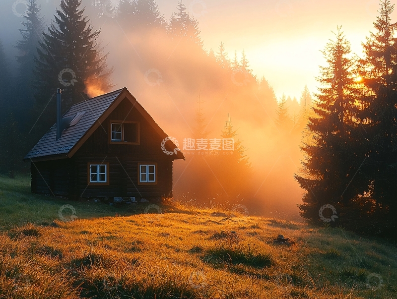 高清大图下载【趣麦麦图】林间小屋的日出